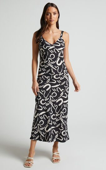 Eden Midi Dress - Wide Strap Slip Dress in Black