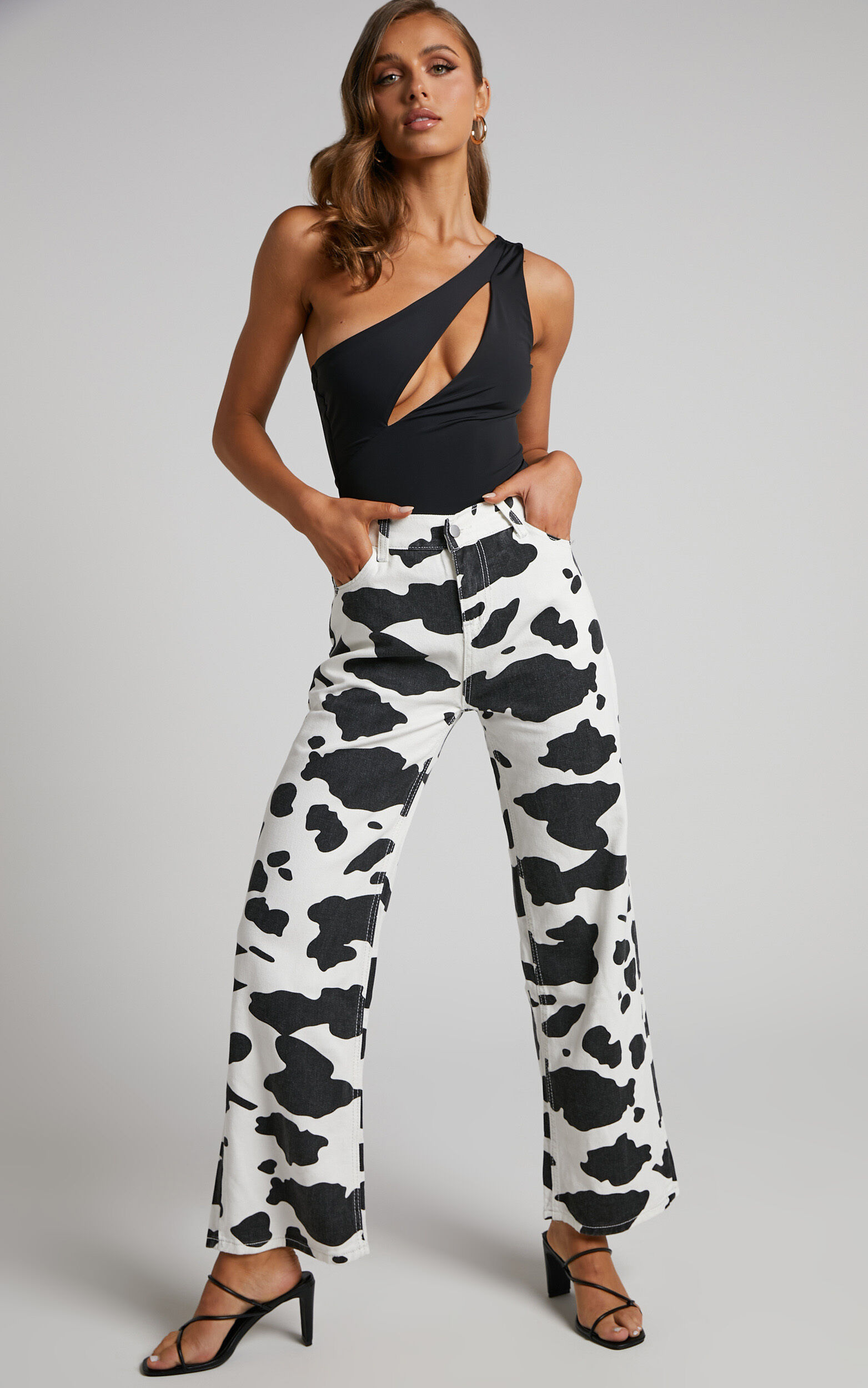 Trianky Pants - Cow Print High Waist Straight Leg Pants in