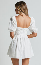 Claudina Mini Dress - Linen Look Puff Sleeve Ruched Bodice Dress in ...
