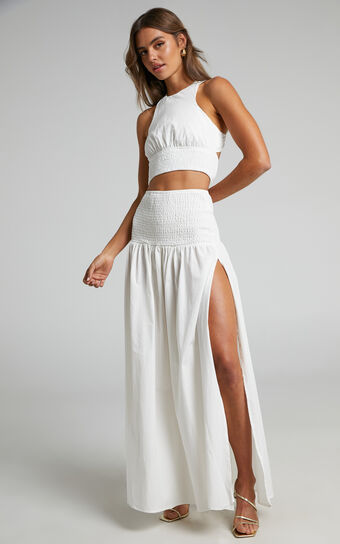 Gracelynn Two Piece Set - Cut Out Back and Racer Top and Shirred Waist Midi Skirt Set in White