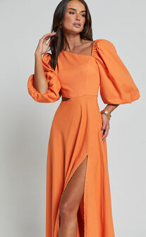 Rhyne Midi Dress - Asymmetric Puff Sleeve Side Cut Out A Line Dress in Papaya
