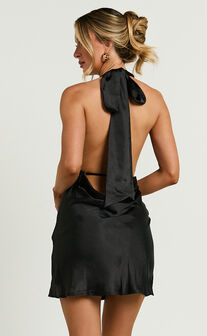 Isabella Mini Dress - Plunge Neck Back Tie Dress in Black