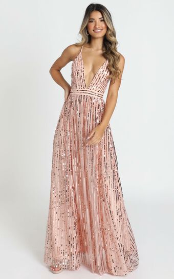 Youre The One Maxi Dress In Rose Gold Sequin