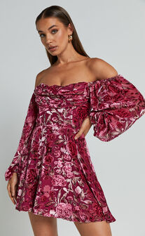 Jessell Mini Dress - Long Sleeve Cowl Corset Dress in Pink Floral Burnout