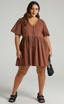 Staycation Mini Dress - Smock Button Up Dress in Chocolate