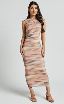 Delia Midi Dress - Scoop Neck Bodycon Mesh Dress in Neutral Wave Print