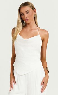 Hilda Top - Cowl Neck Beaded Linen Look Scarf Top in White