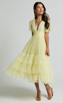 Jiraye Midi Dress - Flutter Sleeve Tuelle Plunge Dress in Lemon