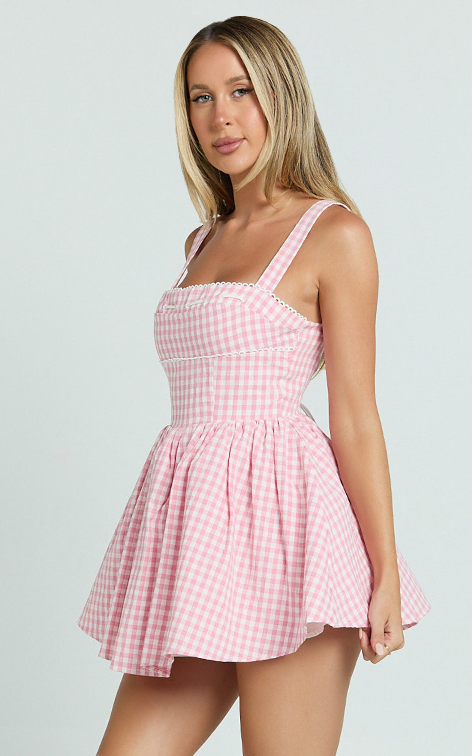 Caitlin Mini Dress - Gingham Square Neck Fit And Flare Dress