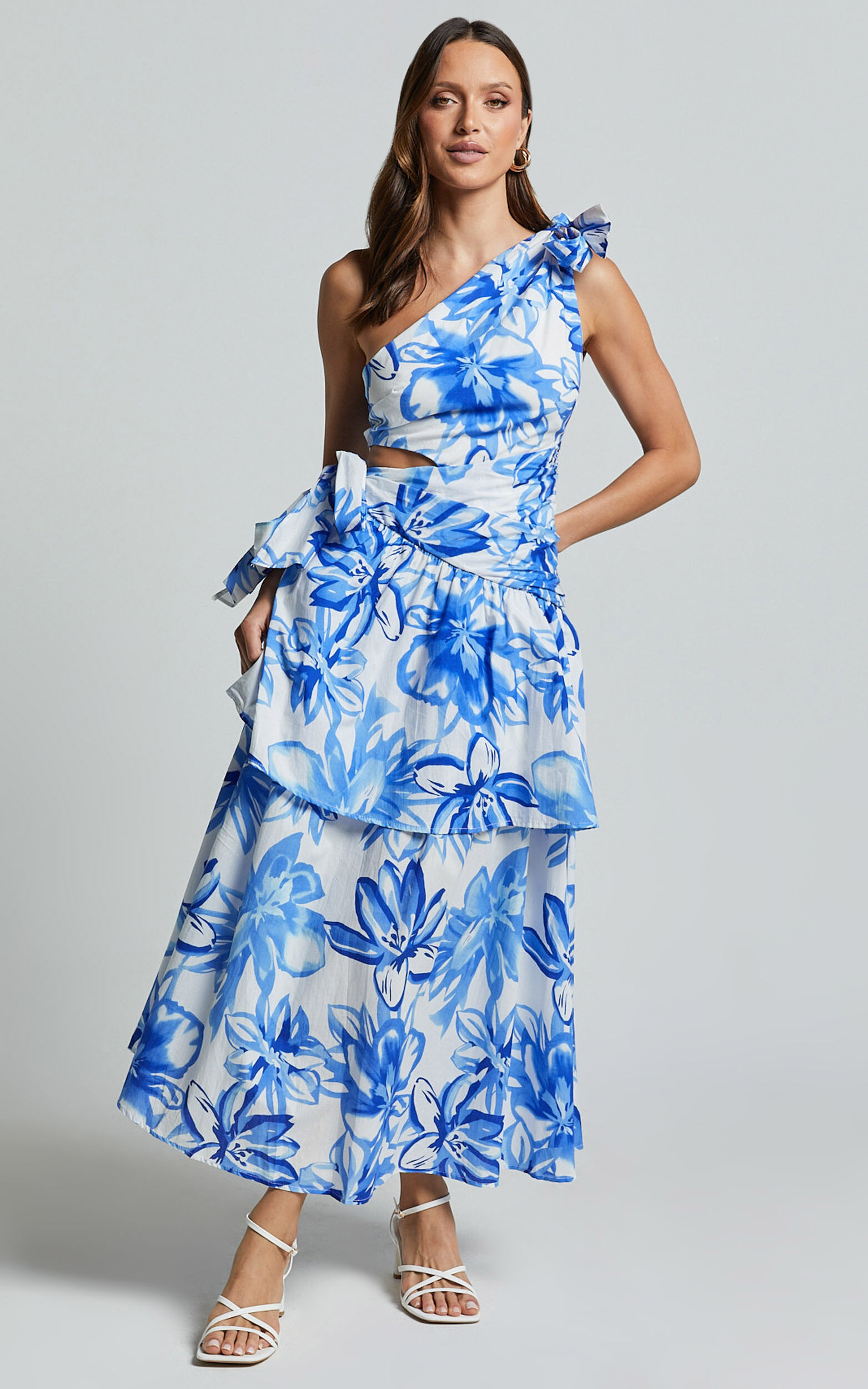 Honolulu Midi Dress - One Shoulder Tiered Dress in Blue and White Print - 06, BLU1