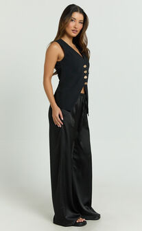 Myrna Two Piece Set - Gold Hardware Waistcoat Top and Relaxed Satin Pants Set in Black