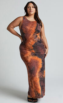 Amayra Midi Dress - High Neck Bodycon Dress in Brown Tie Dye