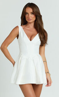 Yara Mini Dress - Plunge Corset Front V Waist Fit And Flare Dress in White