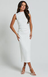 Aleks Midi Dress - High Neck Bodycon Dress in Off White | Showpo USA