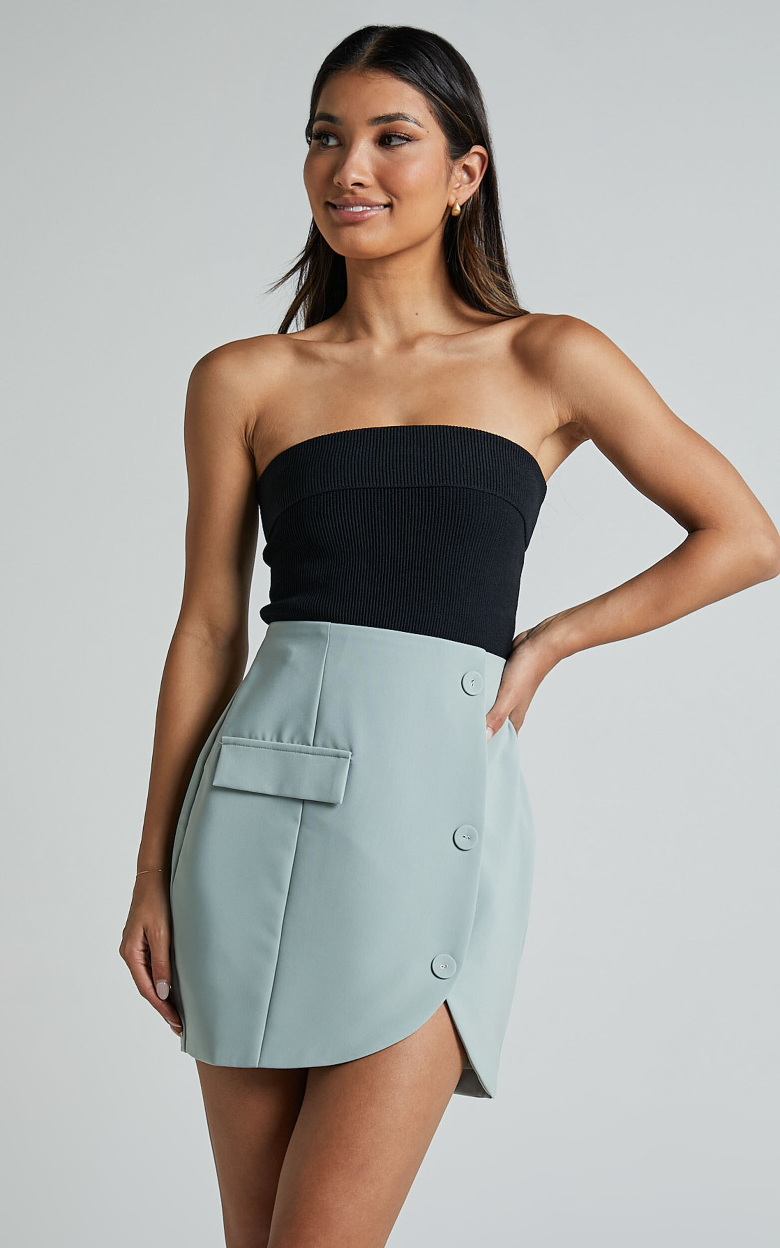 Kathia Mini Skirt - Asymmetric Button Detail Skirt in Sage - 06, GRN1