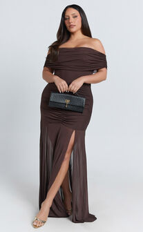 Alanna Maxi Dress - Off Shoulder Ruched Mesh Dress in Chocolate