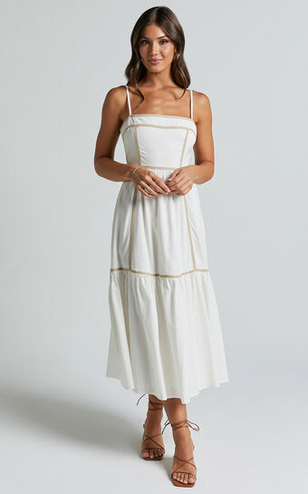 Chanika Midi Dress - Straight Neck Sleeveless Tiered Dress in White with Beige Contrast
