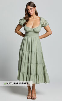 Anita Midi Dress - Puff Sleeve Tiered Dress in Sage