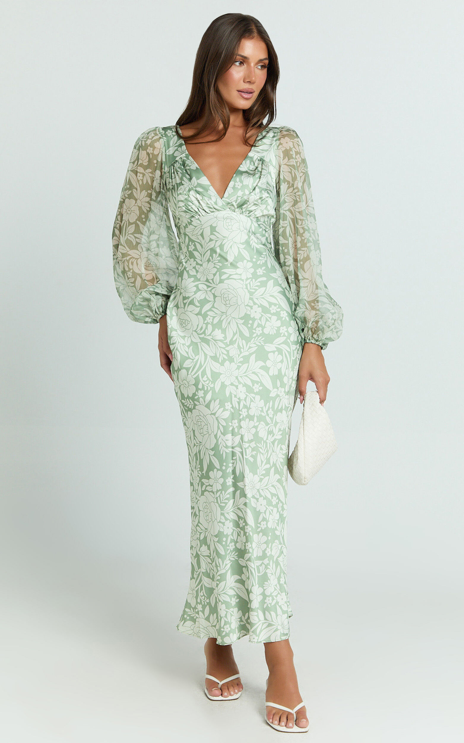 Freollyn Midi Dress - Deep V Neck Long Sleeve Dress in Sage - 06, GRN1