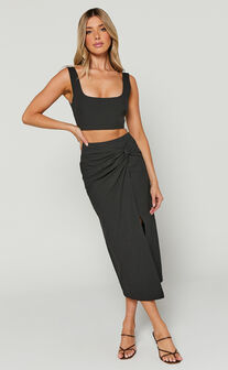 Gibson Two Piece Set - Linen Look Crop Top and Knot Front Midi Skirt Set in Black