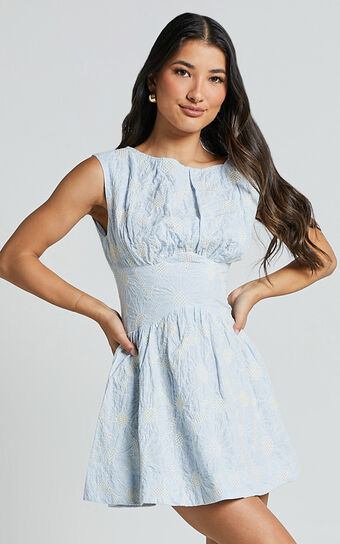 Kaylee Mini Dress - Broderie Anglaise Sleeveless Scoop Neck Dress in Blue 