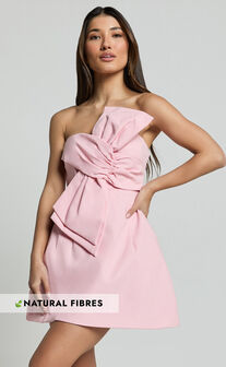 Chika Mini Dress - Linen Look Strapless Front Bow Dress in Soft Pink