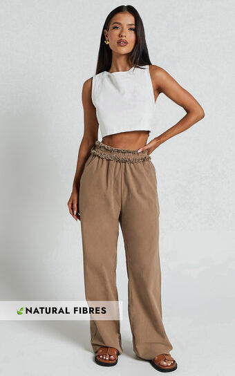 Kylie Pants - High Frayed Elasticated Waist Linen Look Pants in Mushroom