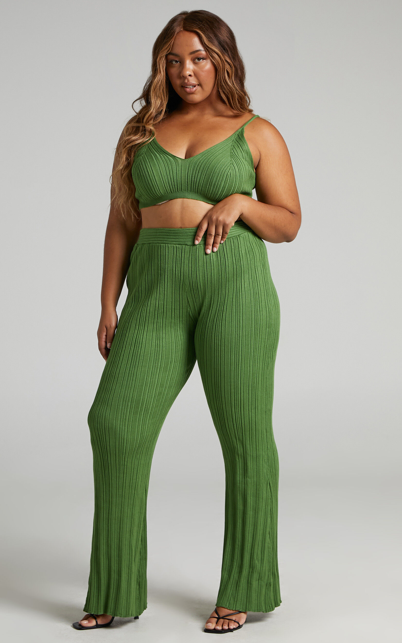 Farhana Two Piece Set Knit Bralette Top and Bell Bottom Pants Set in Olive Showpo EU