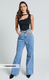 Cole Jeans - High Waist Relaxed Wide Leg Recycled Denim Jeans in Mid Blue Wash