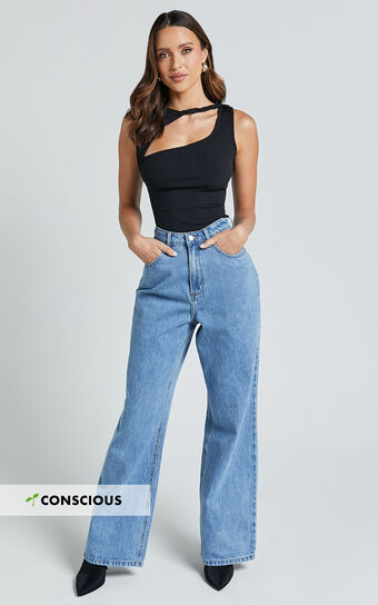 Cole Jeans - High Waist Relaxed Wide Leg Recycled Denim Jeans in Mid Blue Wash Showpo