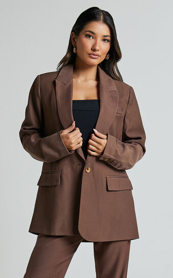 Caralina Blazer - Oversized Single Breasted Blazer in Chocolate