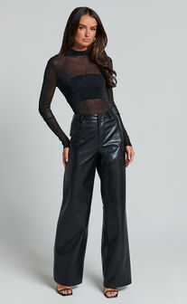 Francesca Bodysuit - Long Sleeve High Neck Sheer Bodysuit in Black