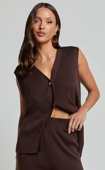 Sasha Top - Knitted Button Through V Neck Sleeveless Top in Chocolate