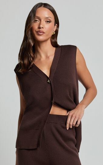 Sasha Top - Knitted Button Through V Neck Sleeveless Top in Chocolate