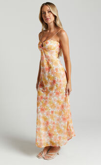 Rosiemar Midi Dress - Cut Out Front Sleeveless Dress in Lemon Floral