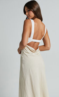 Dovie Midi Dress - Linen V Neck Low Back Cut Out Flare Dress in Beige and White