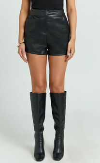 Braelyn Shorts - Faux Leather Mid Waisted Mini Shorts in Black