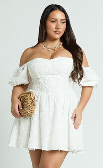Esthela Mini Dress - Embroidered Square Neck Short Puff Sleeve Corset in White Floral