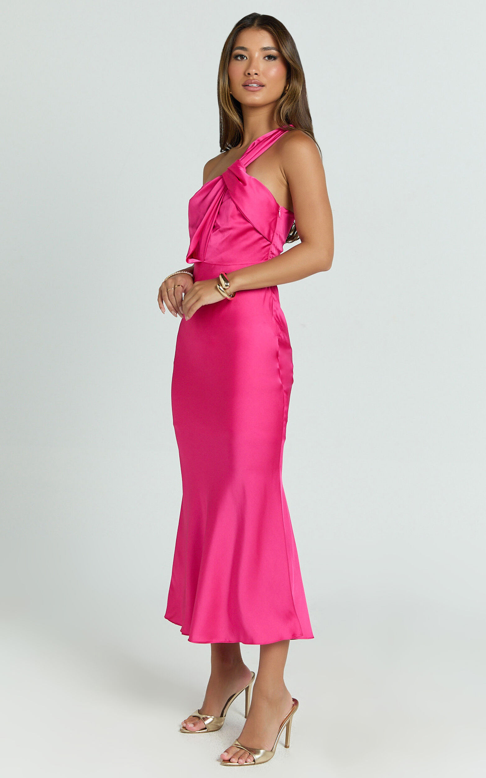 Carmella Midi Dress - One Shoulder Twist Detail Dress in Fuchsia