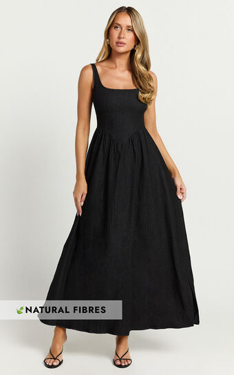 Rhaziya Midi Dress - Sleeveless Straight Neck Fit and Flare Dress in Black