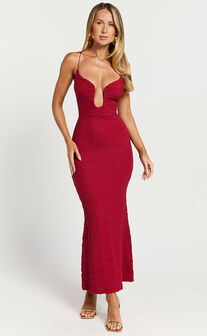 Charlee Midi Dress - Bodycon Sweetheart Cut Out Bust Thin Strap Dress in Red