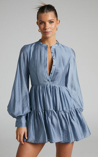 Kyra Mini Dress - Pin Tuck Detail Tiered Shirt Dress in Blue