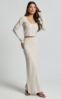 Beverly Two Piece Set - Recycled Knitted Scoop Neck Cardigan Top and Column Maxi Skirt Set in Oat Marle