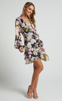 Alex Mini Dress - Long Sleeve Frill Detail Wrap Dress in Midnight Floral