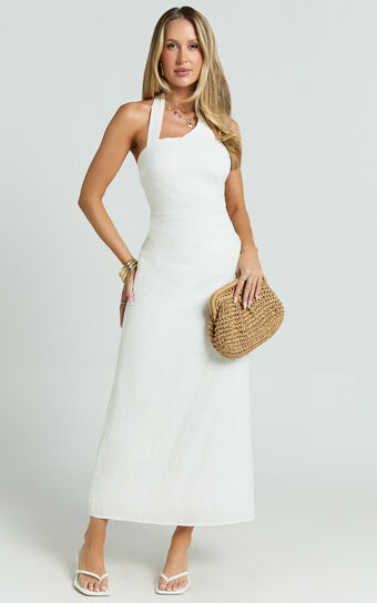 Lindley Midi Dress - Halter Neck Linen Look Dress in White