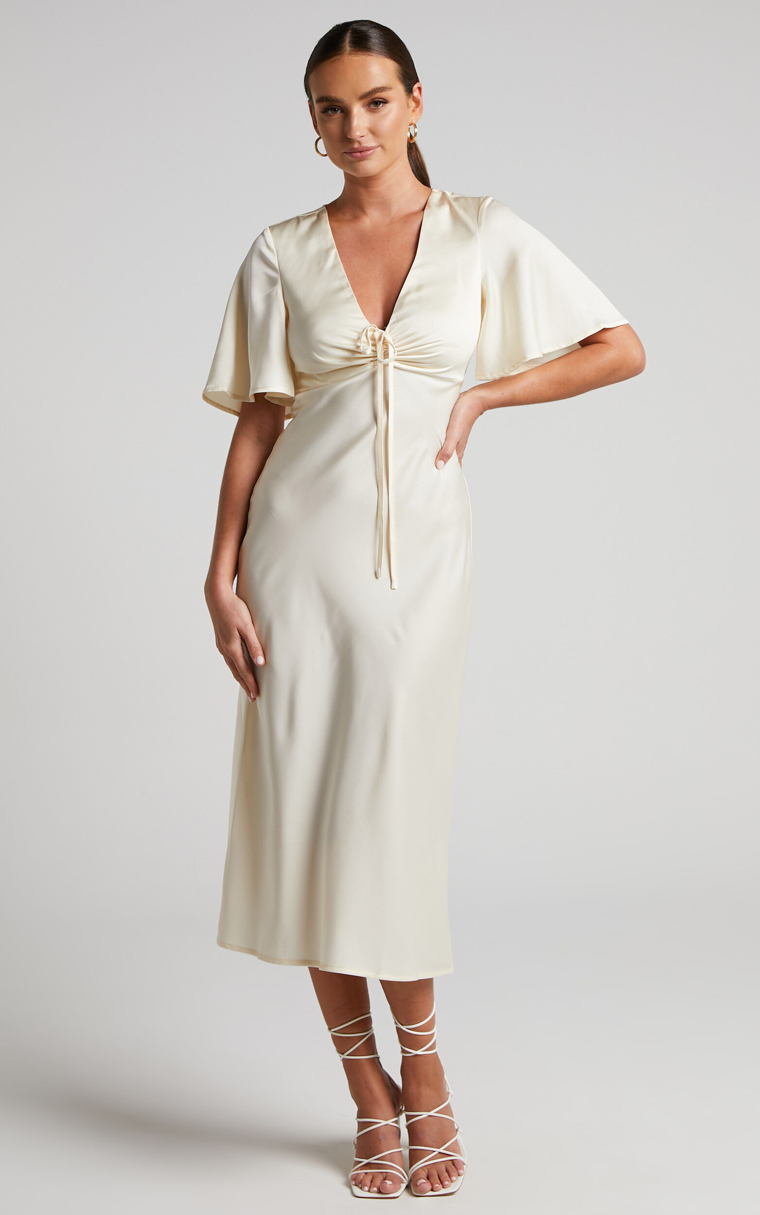 Nicholla Midi Dress - Ruched Front Angel Sleeve Slip Dress in Champagne - 04, NEU4