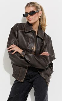 Gail Jacket - Faux Leather Bomber Jacket in Washed Brown