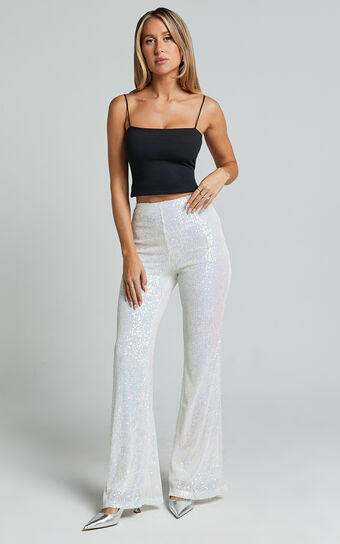 Deliza Pants  Mid Waisted Sequin Flare in Iridescent White Showpo
