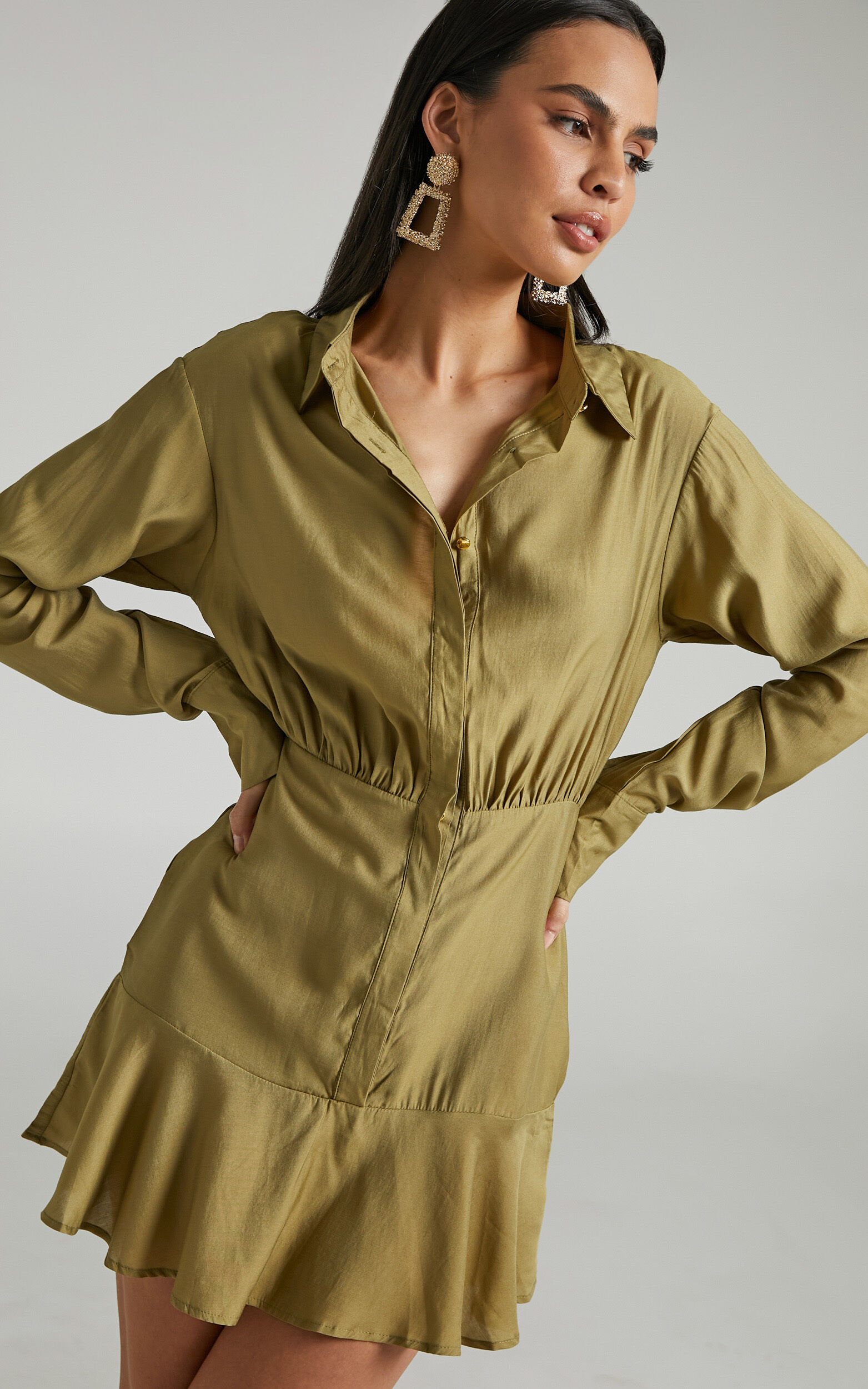 Jervin Mini Dress Collared Button Down Shirt Dress in Khaki Showpo USA