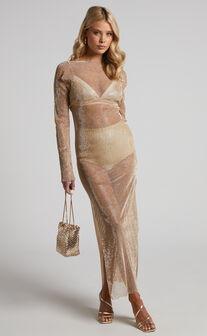Karmen Midi Dress - Long Sleeve Split Diamante Mesh Dress in Pink